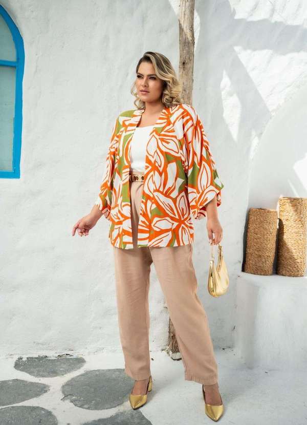 Mais na Moda Plus - Kimono Plus Chic Verde e Laranja Gerbera - Verde 3