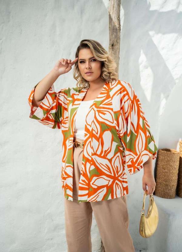 Mais na Moda Plus - Kimono Plus Chic Verde e Laranja Gerbera - Verde 4