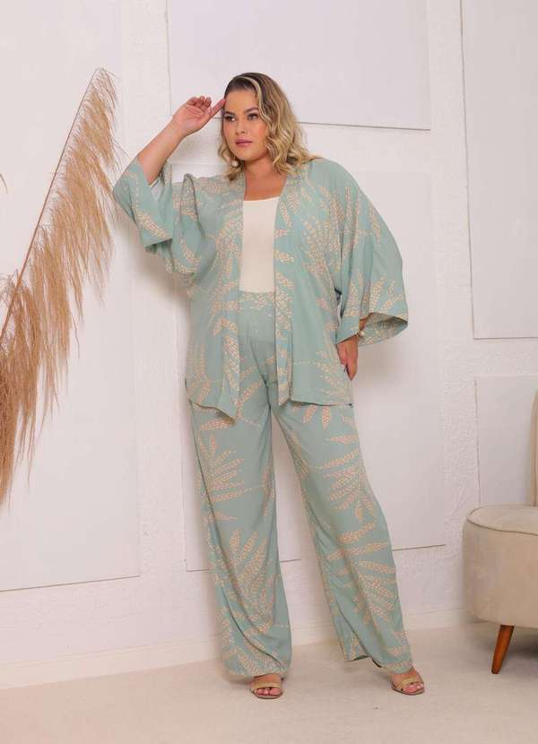 Mais na Moda Plus - Conjunto Plus Size Chic Calça e Kimono Maitê - Verde