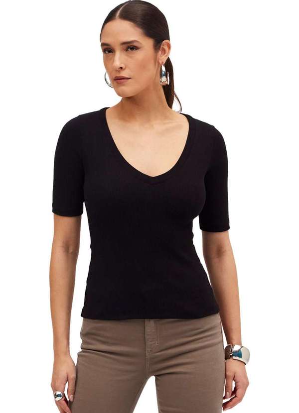 Sommer - Blusa Canelada Sommer Decote V Preto Preto