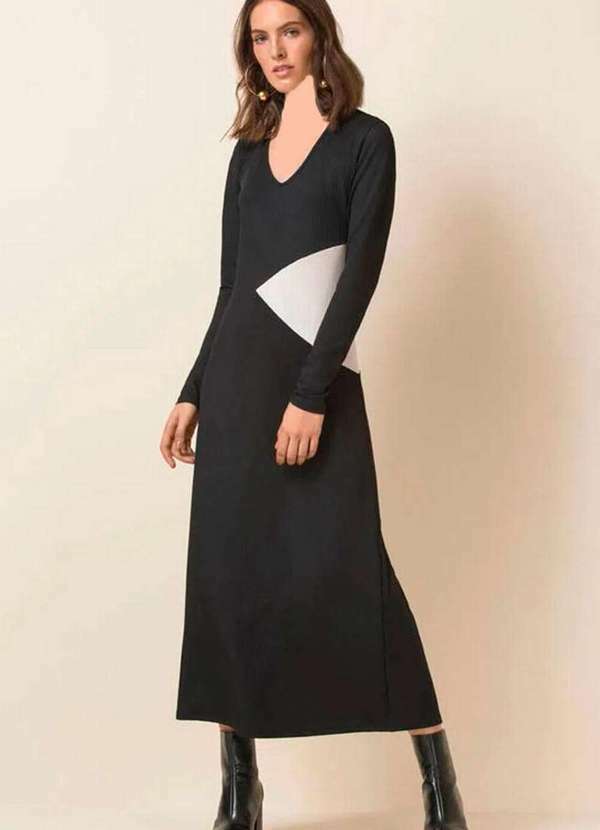 Maria.valentina - Vestido Maria Valentina Midi Preto e Branco Preto