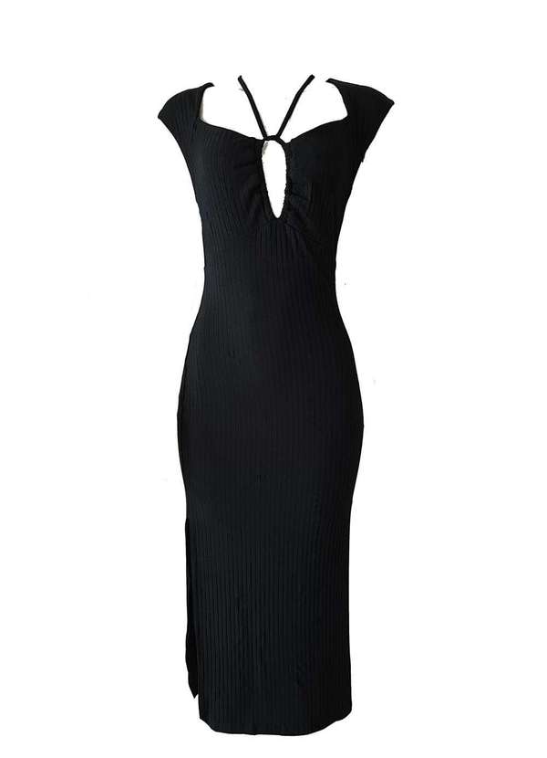 Lado Avesso - Vestido Midi Lado Avesso Canelado Preto Preto