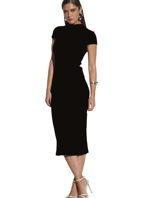 Sommer - Vestido Midi Sommer Canelado Gola Redonda Preto Preto
