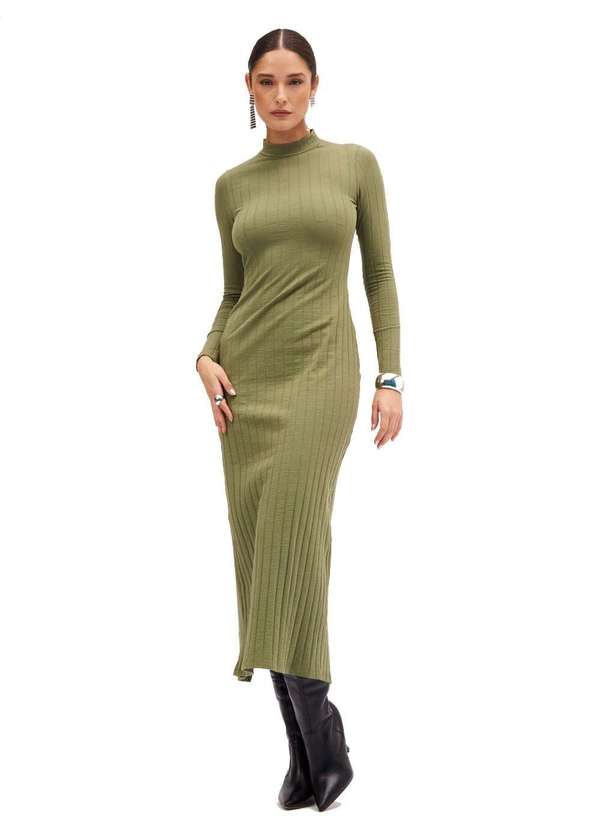 Sommer - Vestido Midi Sommer Canelado Manga Longa Verde Verde