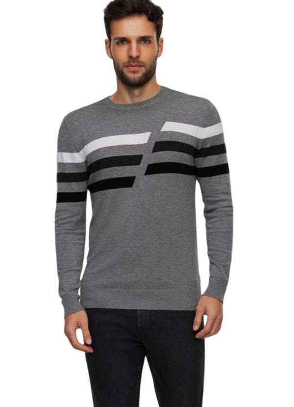 Hangar 33 - Blusão Tricot Hangar 33 com Listras Cinza Escuro Cinza