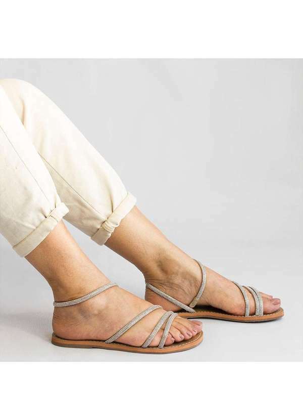 Zatta Calcados - Rasteira Tres Tiras Brilho Lorena Bege