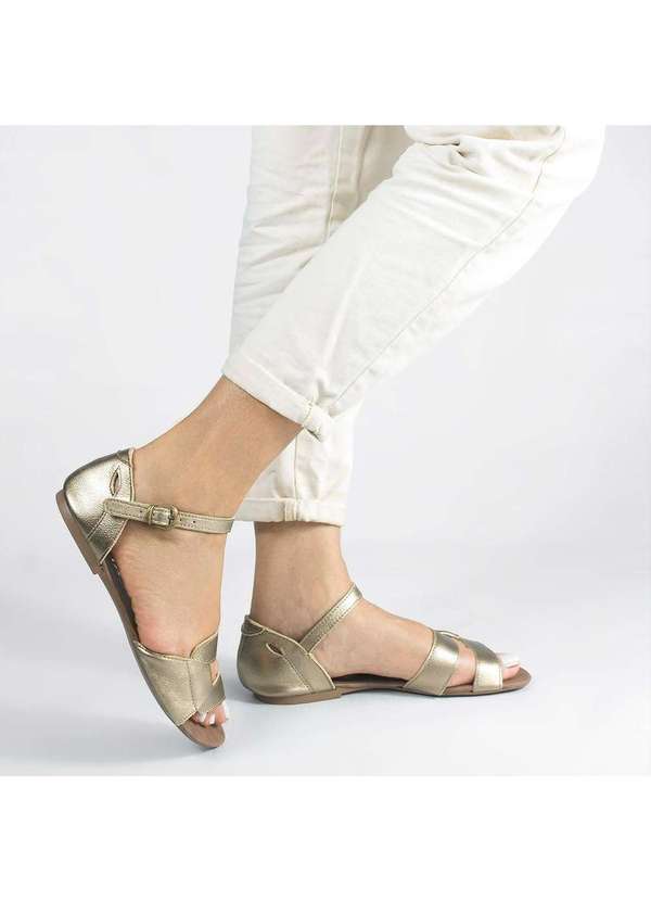 Zatta Calcados - Sandalia Rasteira Flat Couro Mercedes Dourado