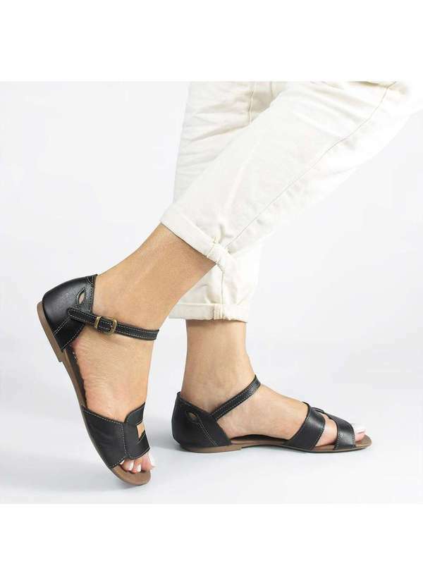 Zatta Calcados - Sandalia Rasteira Flat Couro Mercedes Preto