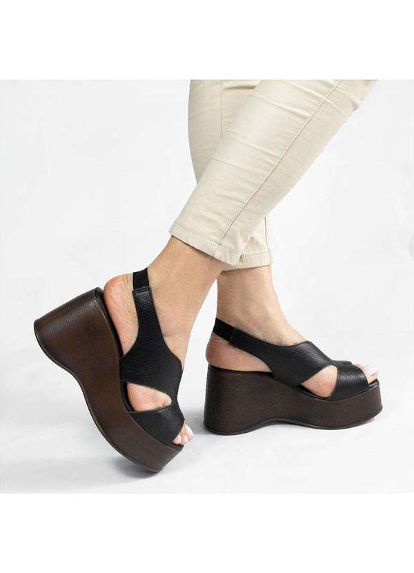 Zatta Calcados - Sandalia Anabela Couro Pamela Preto