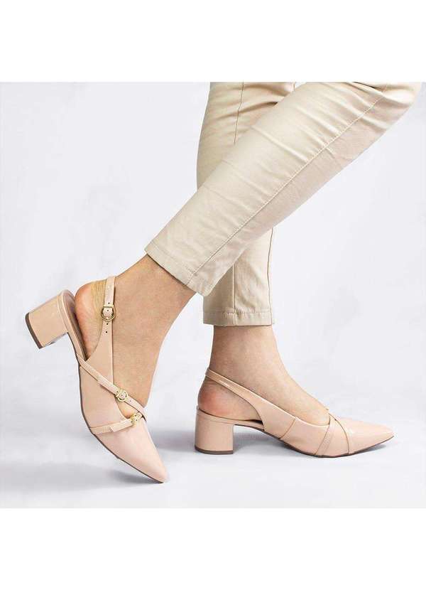 Zatta Calcados - Slingback Bico Fino Fivela Cruzada Marisa Verniz Bege