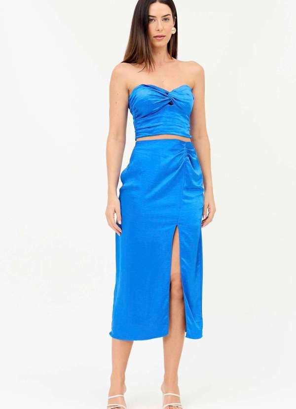 Ritmi Studio - Saia Midi com Franzido e Fenda Azul