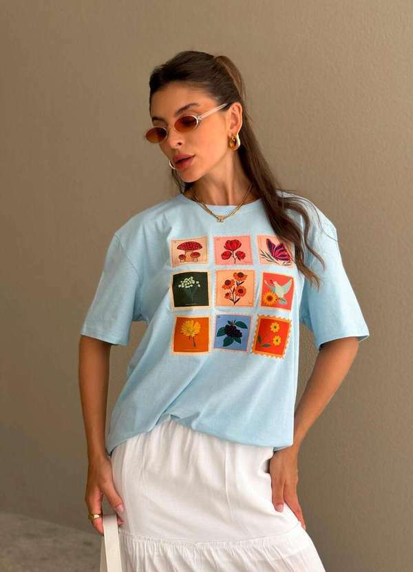Cianitas - Blusa Feminina Over Azul Bebê Selos Cogumelo - Over