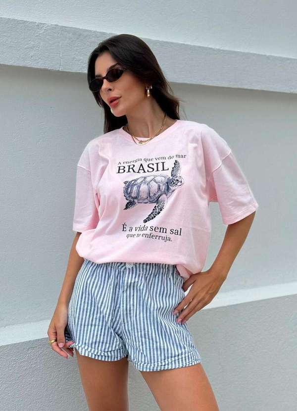 Cianitas - Blusa Feminina Over Rosa Bebê Tartaruga - Over