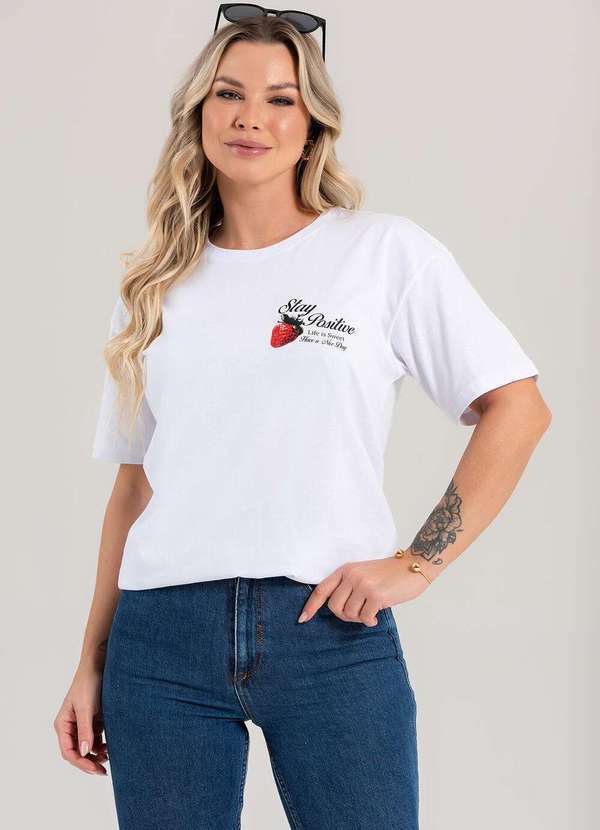 Cianitas - Blusa Feminina Oversized Branca Morango Stay Positive - Oversized