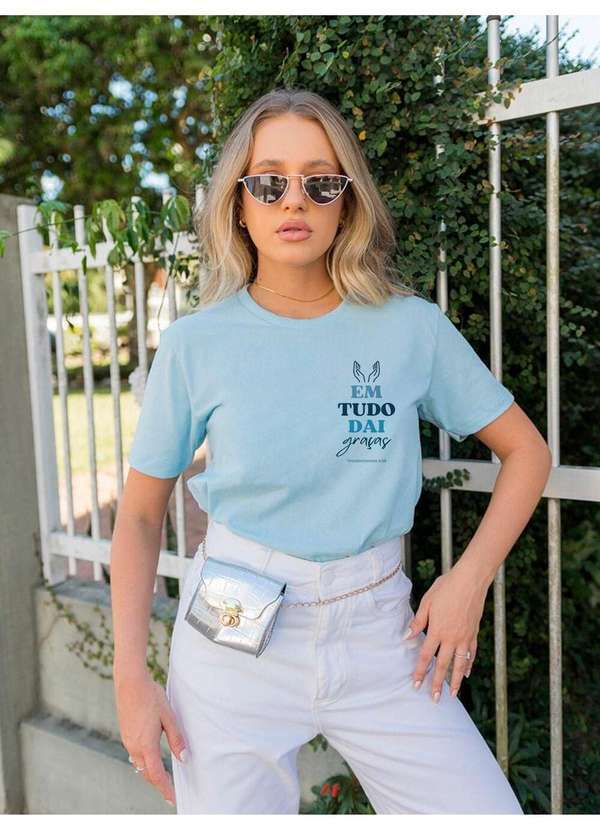 Cianitas - Camiseta Feminina Azul Bebê em Tudo Dai Graças - Azul Bebe