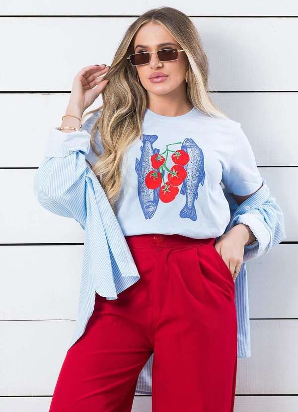 Cianitas - Camiseta Feminina Azul Claro Sardinhas e Tomates Azul
