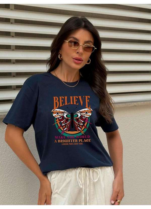 Cianitas - Camiseta Feminina Azul Marinho Borboleta Believe - Azul
