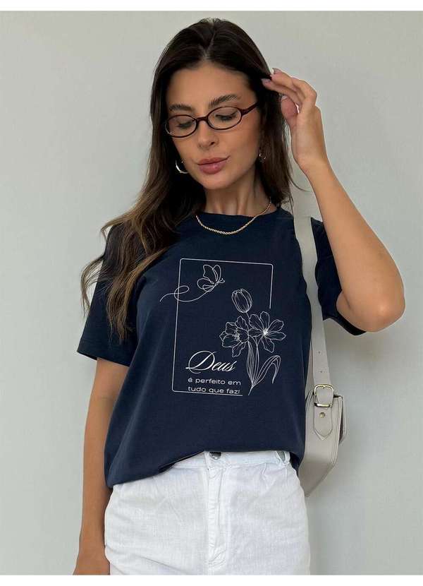 Cianitas - Camiseta Feminina Azul Marinho Deus é Perfeito - Azul