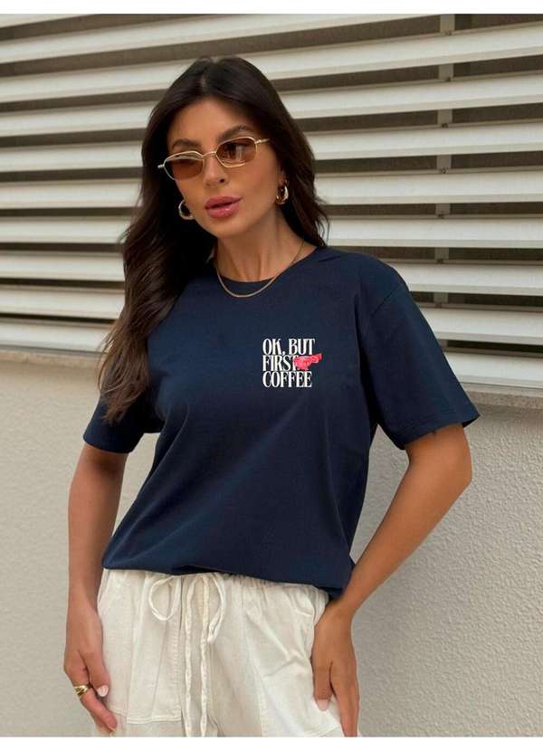 Cianitas - Camiseta Feminina Azul Marinho First Coffee - Azul