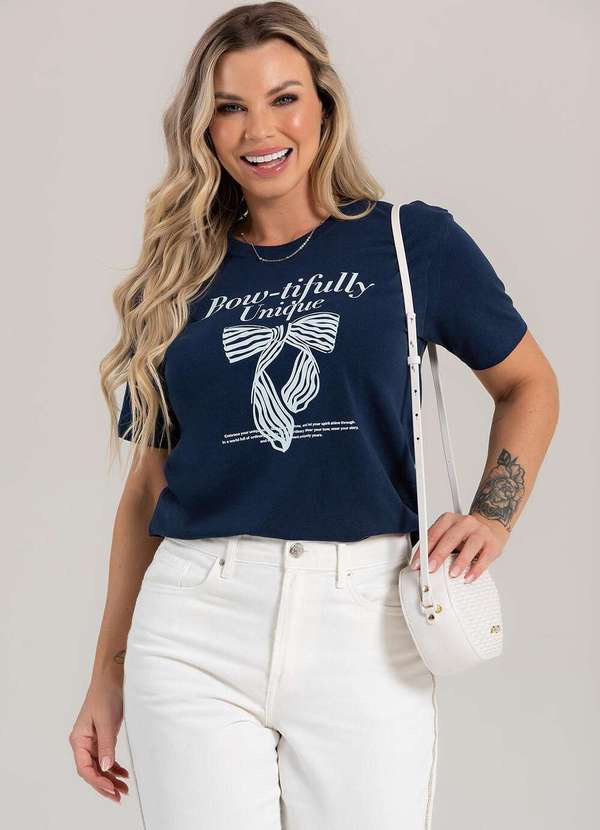 Cianitas - Camiseta Feminina Azul Marinho Laço Unique - Azul