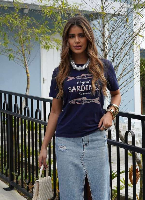Cianitas - Camiseta Feminina Azul Marinho Original Sardines - Azul