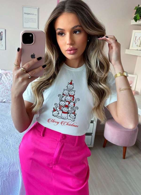 Cianitas - Camiseta Feminina Branca Arvore Gato Branca