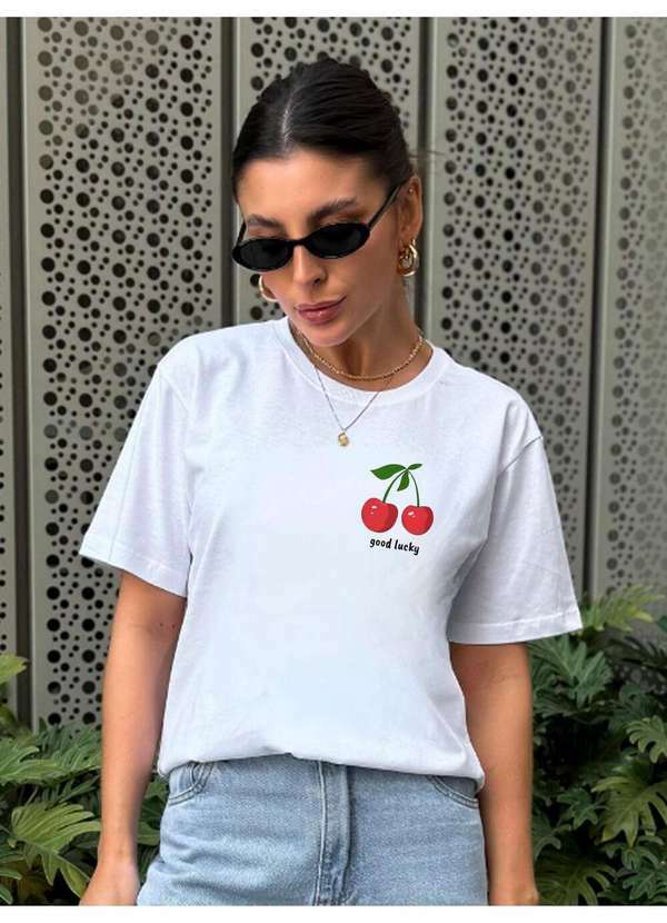 Cianitas - Camiseta Feminina Branca Cereja Good Lucky - Branca