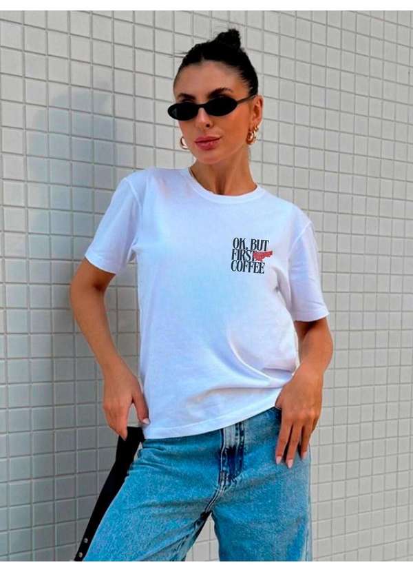 Cianitas - Camiseta Feminina Branca First Coffee - Branco