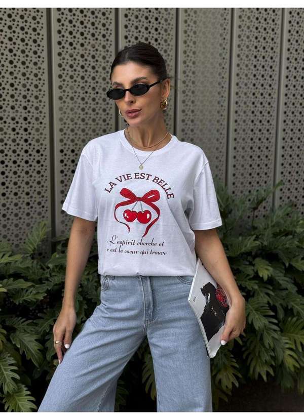 Cianitas - Camiseta Feminina Branca Laço La Vie Est Belle - Branco