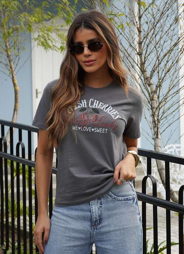 Cianitas - Camiseta Feminina Chumbo Fresh Cherries - Chumbo