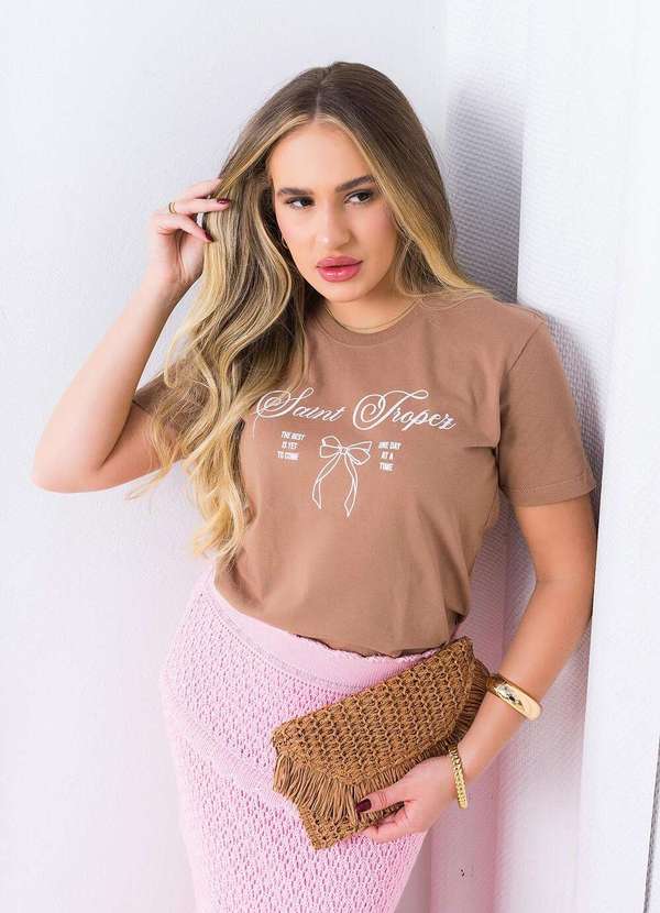 Cianitas - Camiseta Feminina Marrom Claro Laço Saint Tropez Marrom