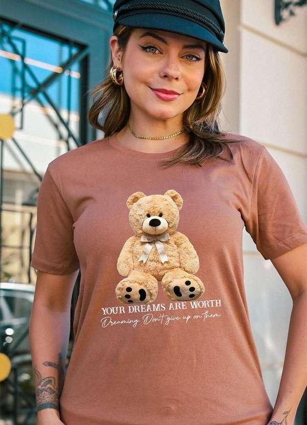 Cianitas - Camiseta Feminina Marrom Claro Urso Your Dreams - Marrom Claro 3