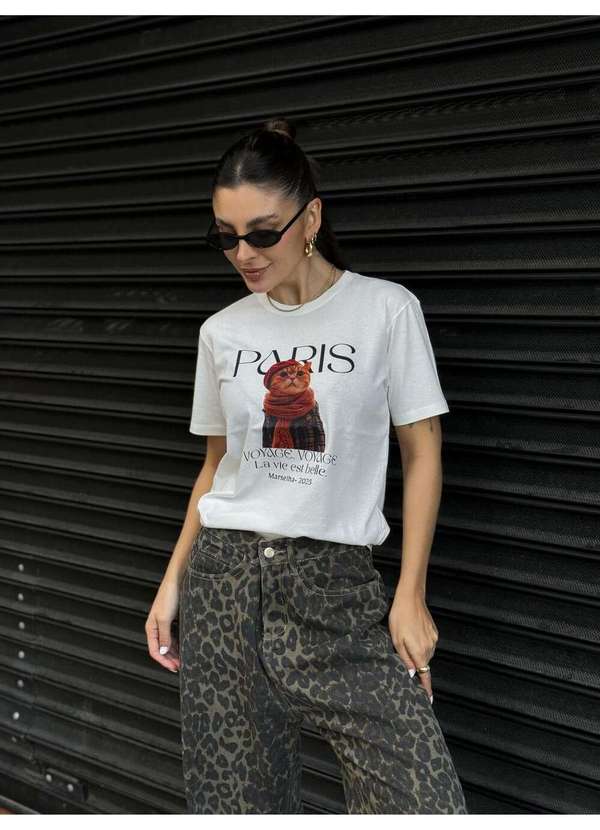 Cianitas - Camiseta Feminina Off Gato Paris - Off