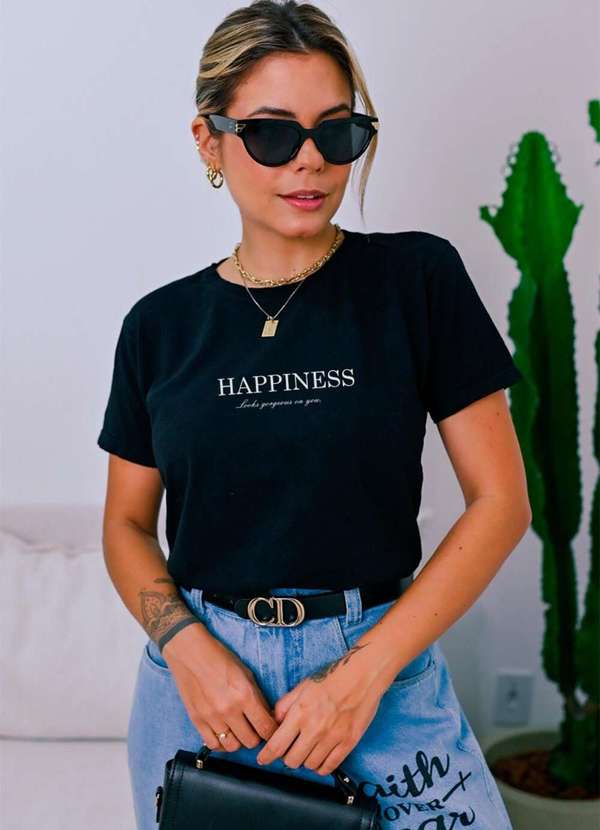 Cianitas - Camiseta Feminina Preta Happiness - Preta