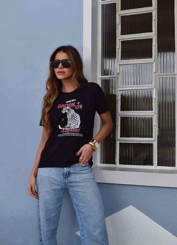 Cianitas - Camiseta Feminina Preta Leopard Brooklyn - Preta