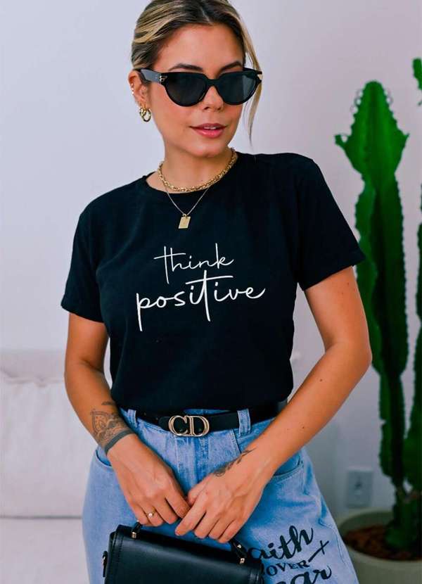 Cianitas - Camiseta Feminina Preta Think Positive - Preta