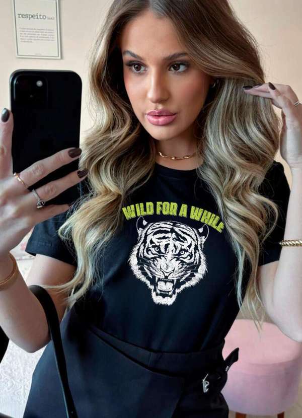 Cianitas - Camiseta Feminina Preta Tigre Wild  For a While - Preta 2