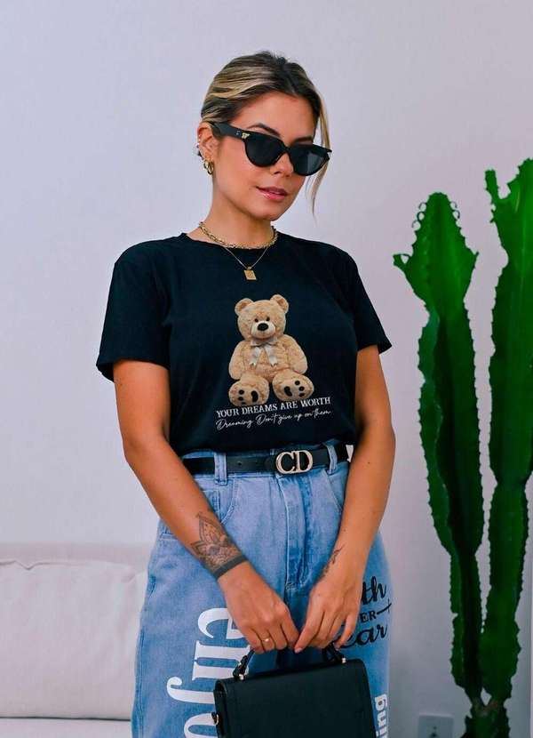 Cianitas - Camiseta Feminina Preta Urso Your Dreams - Preto 3
