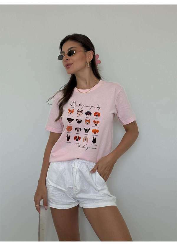 Cianitas - Camiseta Feminina Rosa Bebê Cachorros - Rosa Bebe