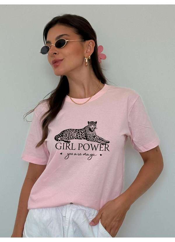 Cianitas - Camiseta Feminina Rosa Bebê Onça Girl Power - Rosa 2