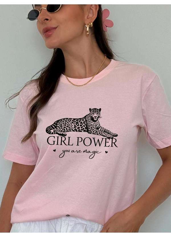 Cianitas - Camiseta Feminina Rosa Bebê Onça Girl Power - Rosa 3