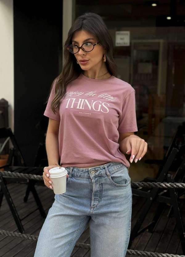 Cianitas - Camiseta Feminina Rosa Envelhecida Enjoy The Little Things - Rosa