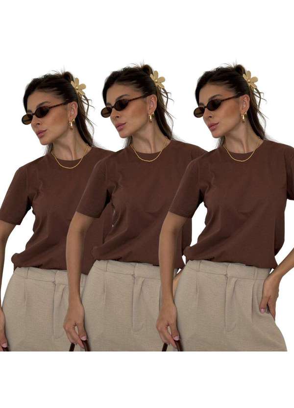 Cianitas - Kit Tres Camisetas Femininas Lisas Marrom Escuro - Marrom Escuro