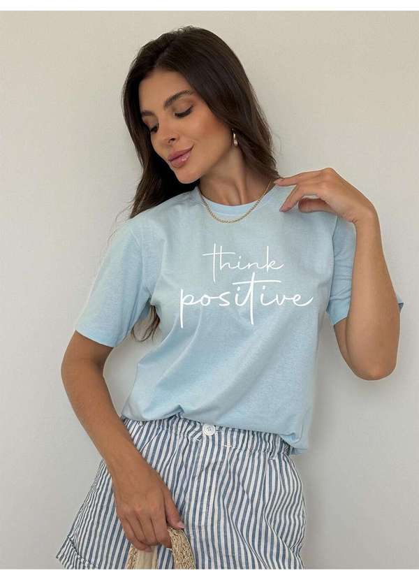Cianitas - Camiseta Feminina Azul Bebê Think Positive - Azul