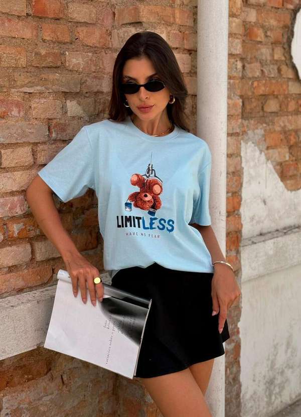 Cianitas - Camiseta Feminina Azul Bebê Urso Limit Less - Azul