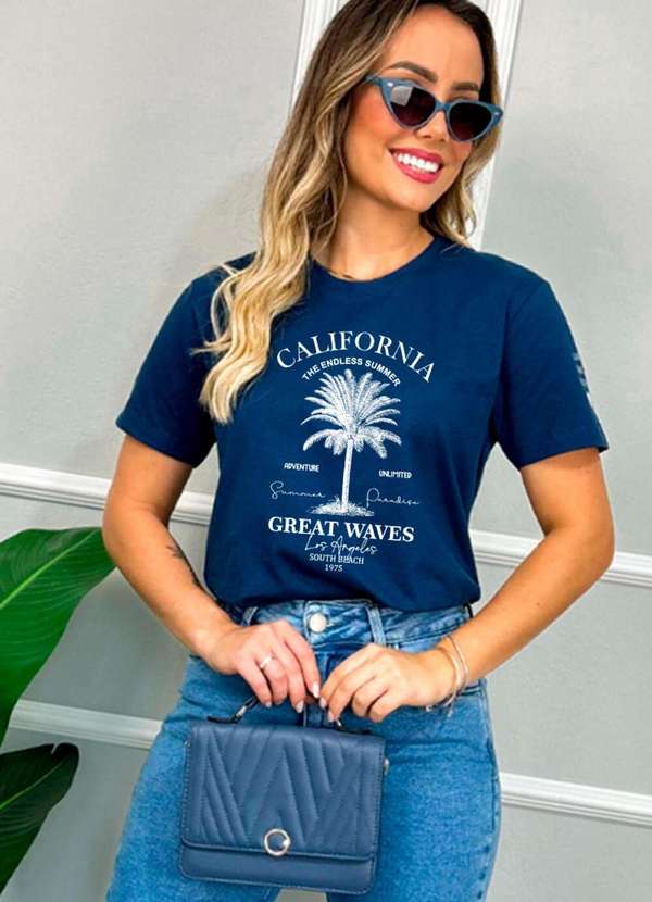 Cianitas - Camiseta Feminina Azul Marinho Coqueiro California - Azul