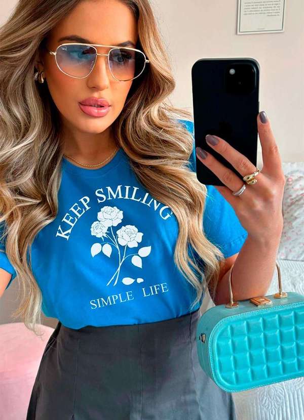 Cianitas - Camiseta Feminina Azul Royal Keep Smiling - Azul