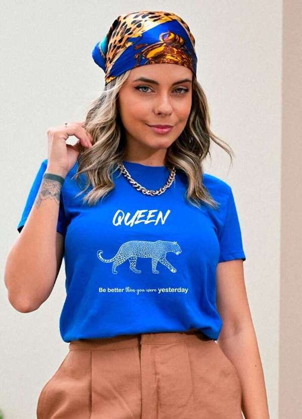 Cianitas - Camiseta Feminina Azul Royal Onça Queen - Azul