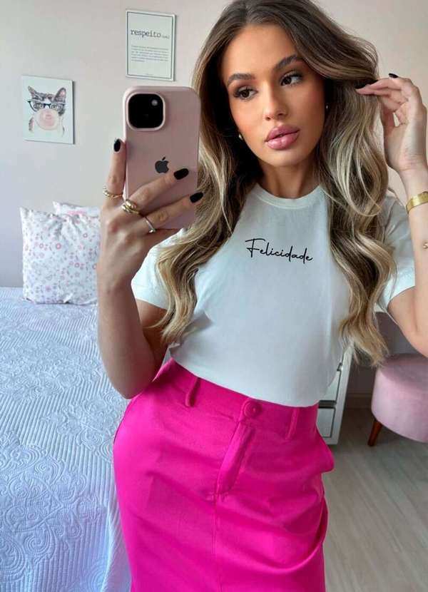 Cianitas - Camiseta Feminina Branca Felicidade - Branco