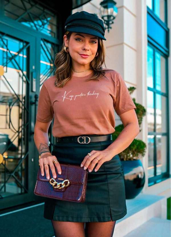 Cianitas - Camiseta Feminina Marrom Claro Keep Positive - Marrom